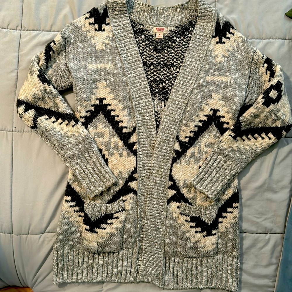 MOSSIMO Knit Cardigan with Aztec design. Small hole in right side pocket.